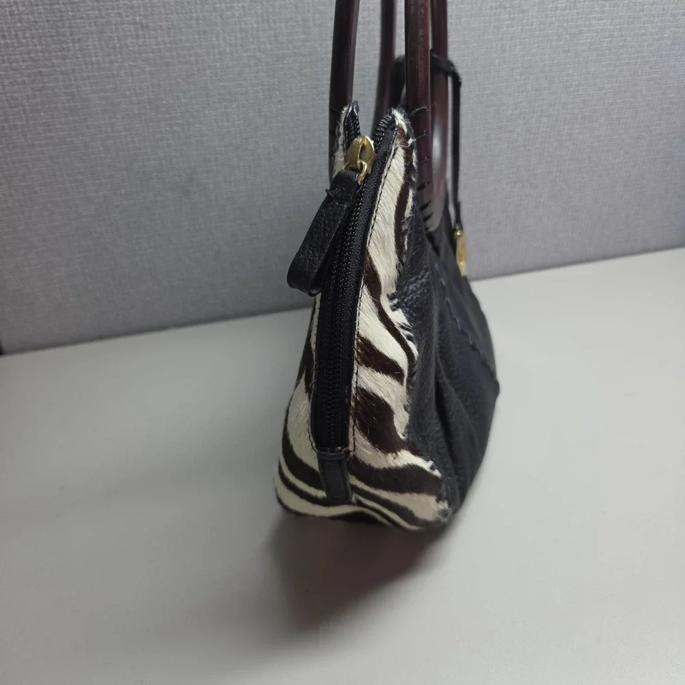 Vtg Vanessa Zebra Print calfhair & pebbled leather Hobo Handbag Wood Handle